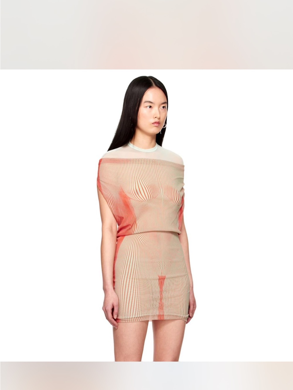 Jean Paul Gaultier Beige and Coral Sheer Ribbed Mini Dress